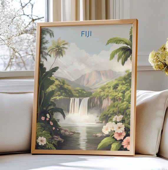 Fiji Travel Poster Art Tropical Waterfall And Lush Landscape