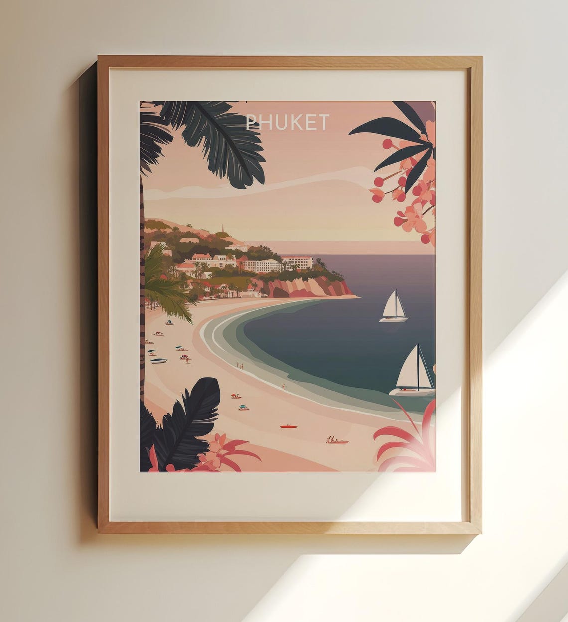Phuket Beach Sunset Retro Travel Poster Sailboats Palm Fronds Art