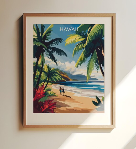Hawaii Island Tropical Beach Palm Trees Sunset Coast Travel Poster