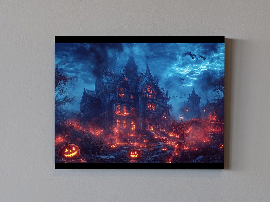 Burning Haunted Mansion Night Jack O Lanterns Halloween Horror Poster