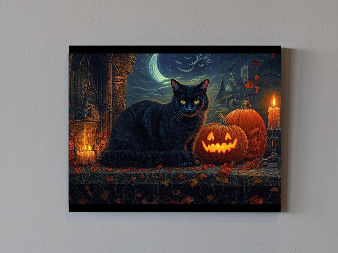 Moonlit Watcher Black Cat Halloween Art Print
