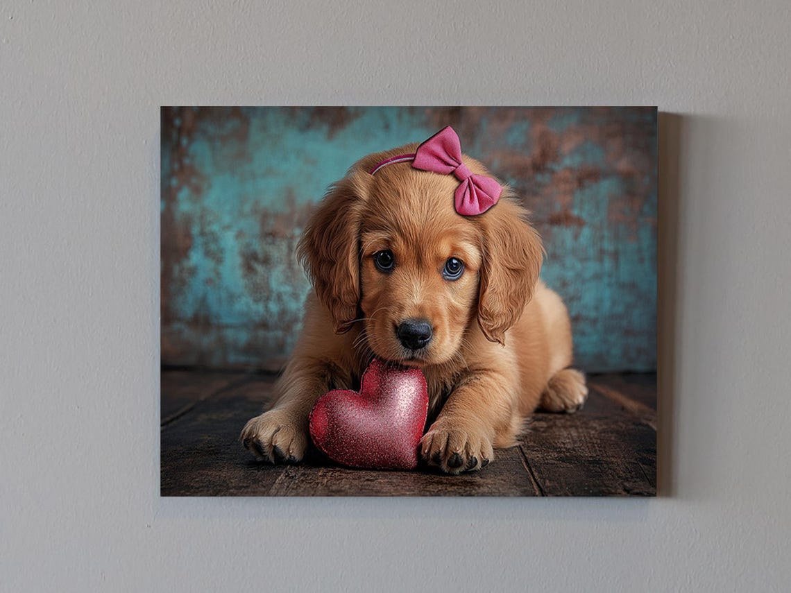 Sweet Golden Retriever Puppy With Pink Bow Holding Heart Wall Art