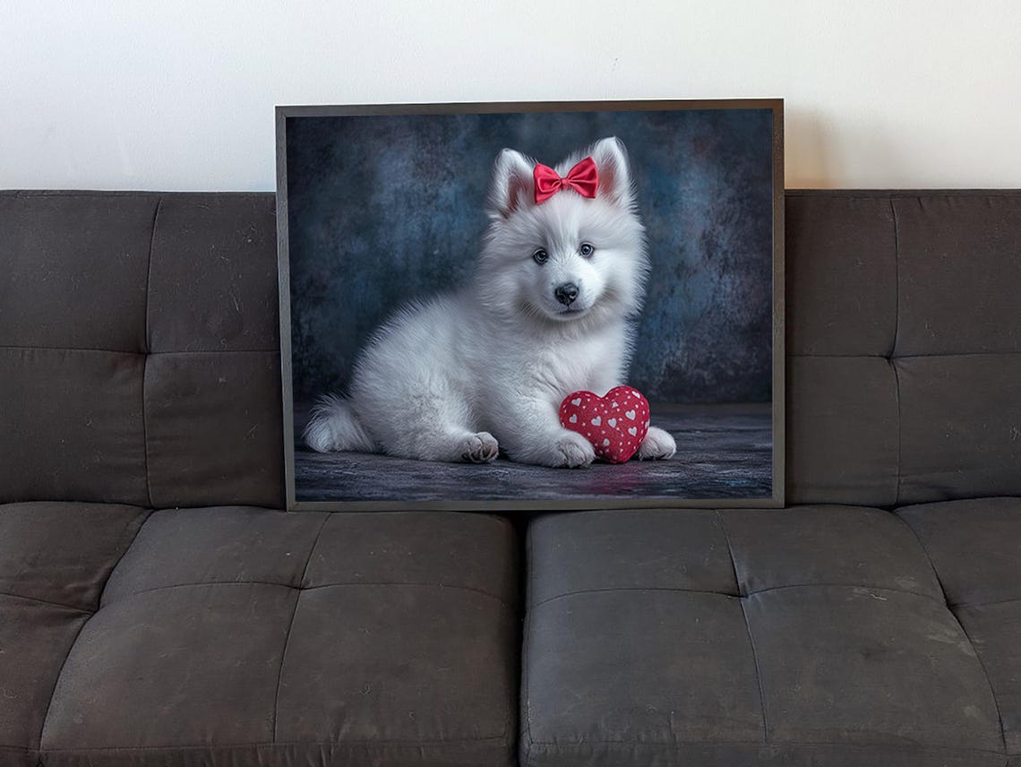 Fluffy White Samoyed Puppy With Red Bow Holding Heart Art Poster - Image 4