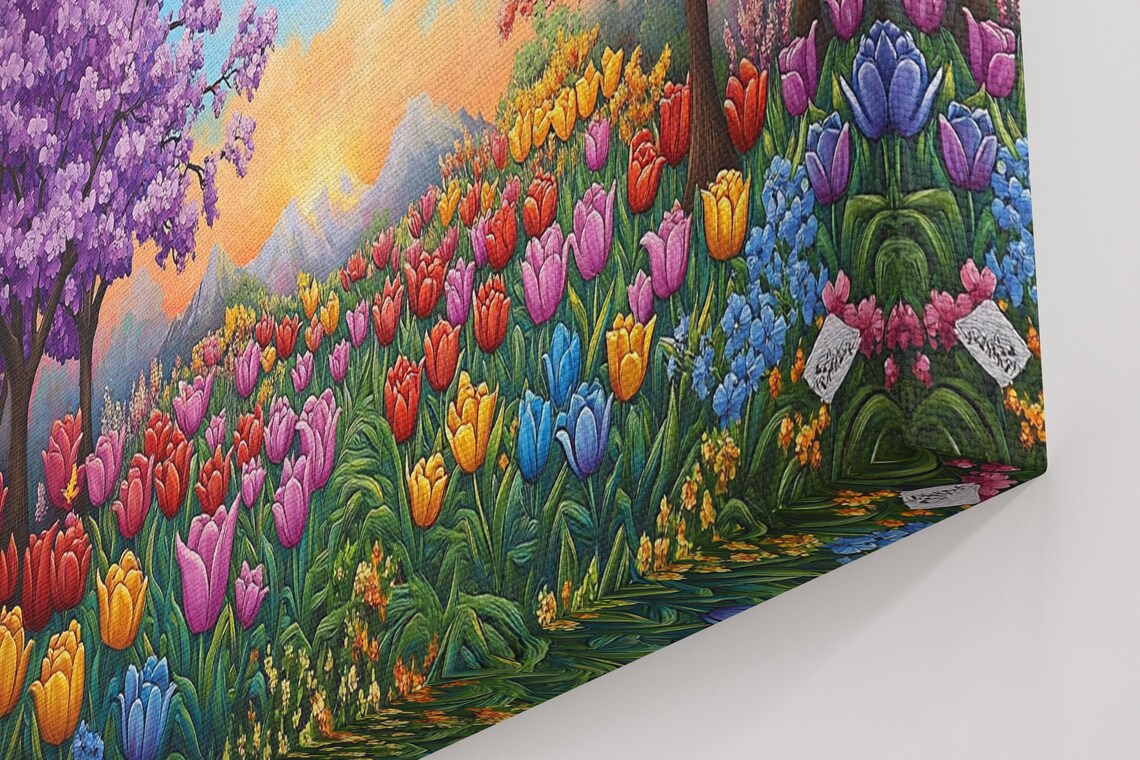 Tulip Field Blossom Trees Sunset Mountain Spring Floral Landscape Poster - Image 4