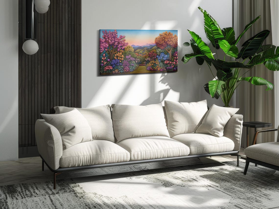 Vibrant Garden Sunset Blossom Trees Colorful Flower Art Poster - Image 3