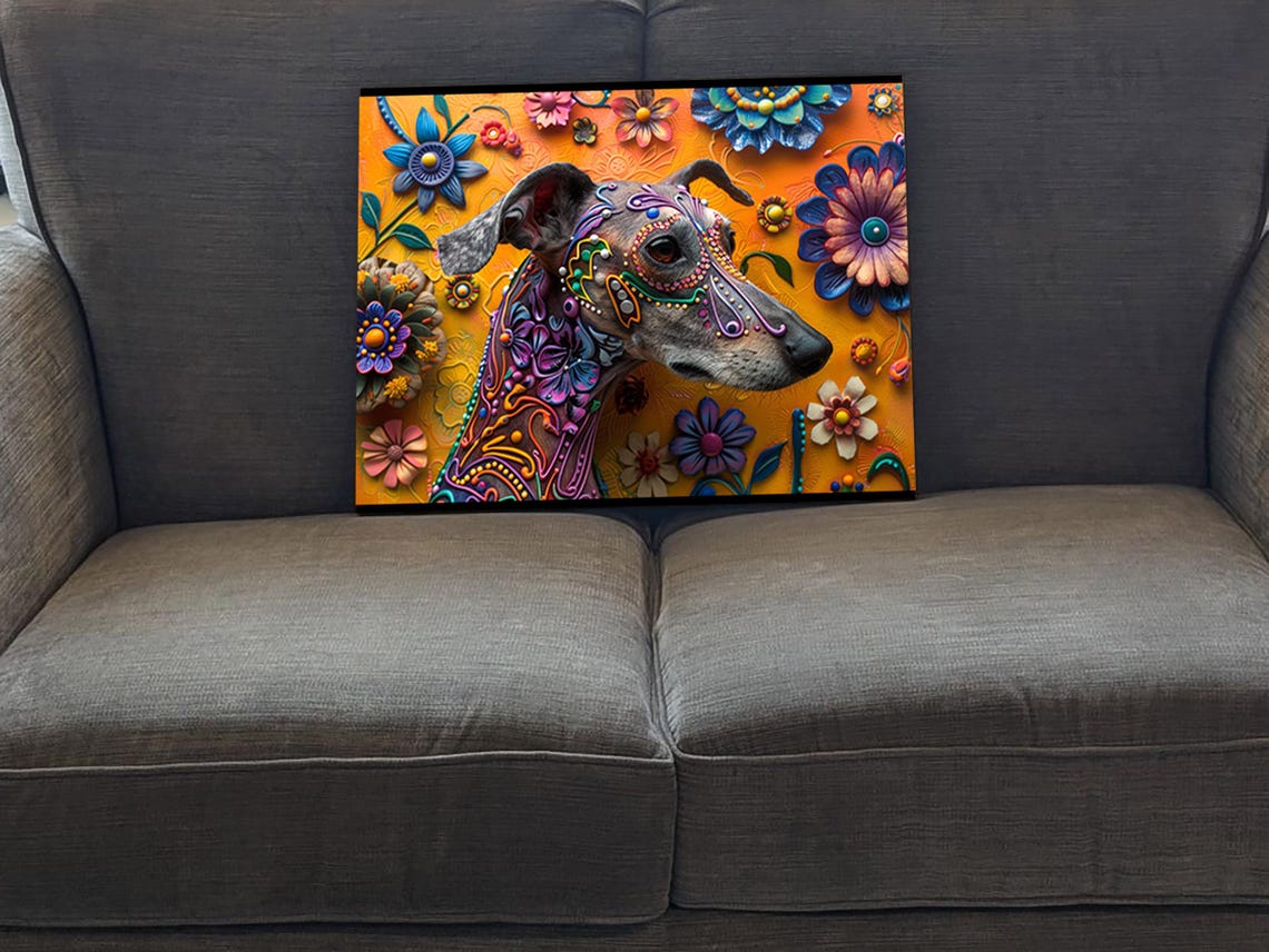Greyhound Alebrije Floral Patterns Orange Background Folk Art Poster - Image 5