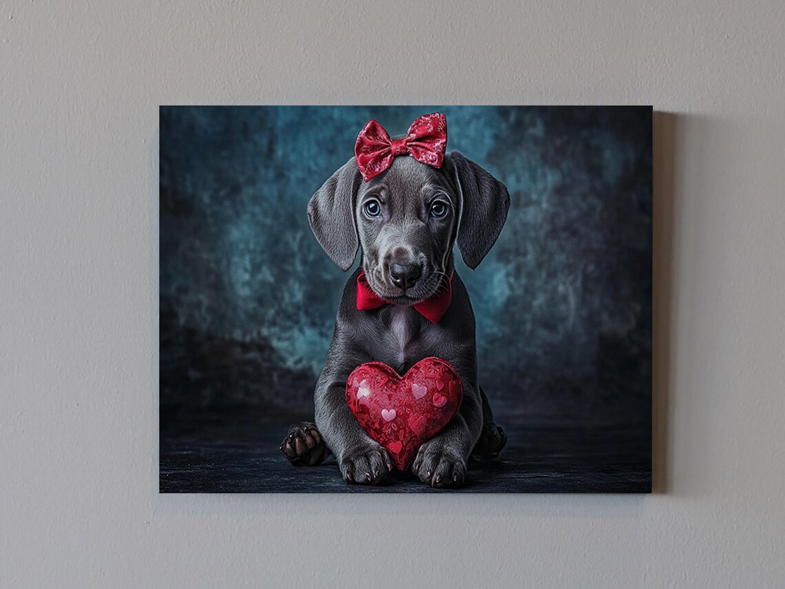 Elegant Weimaraner Puppy With Red Bow Holding Heart Valentines Poster