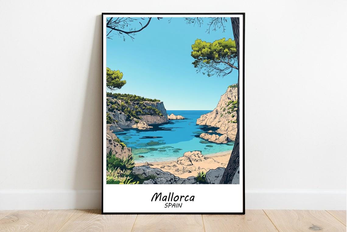 Mallorca Spain Turquoise Cove Cliffs Pine Trees Travel Poster