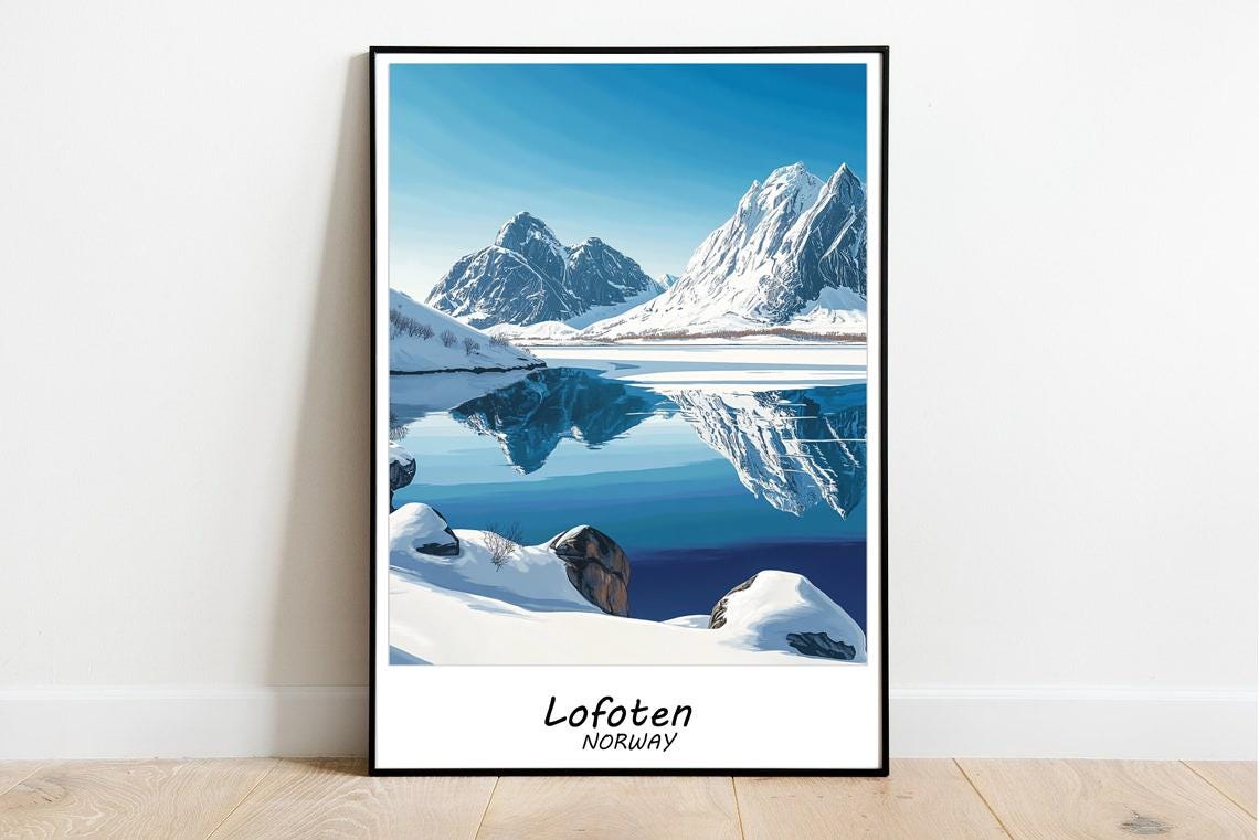 Lofoten Winter Travel Print Lofoten Islands Wall Art Lofoten Islands Home Decor Lofoten Islands Illustration Norway Travel Poster - Image 2