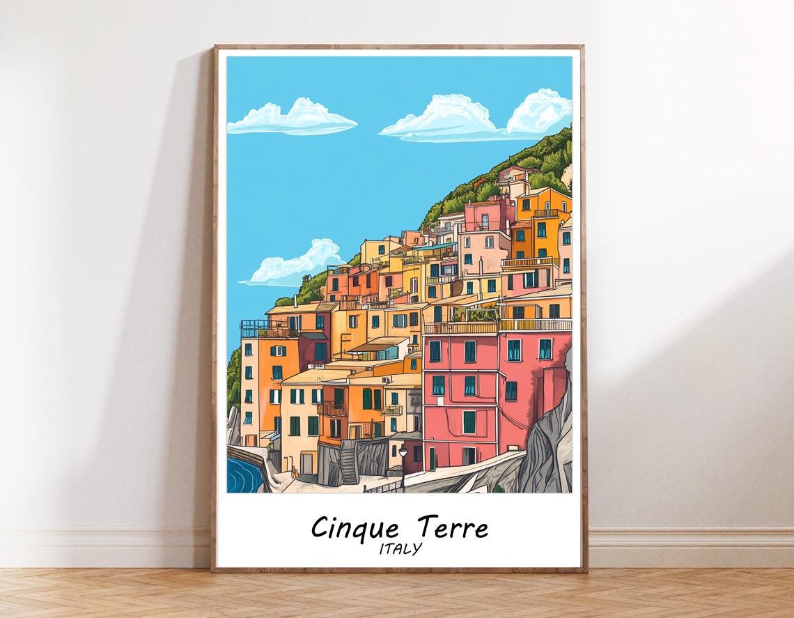 Cinque Terre Italy Colorful Cliff Village Seaside Travel Poster