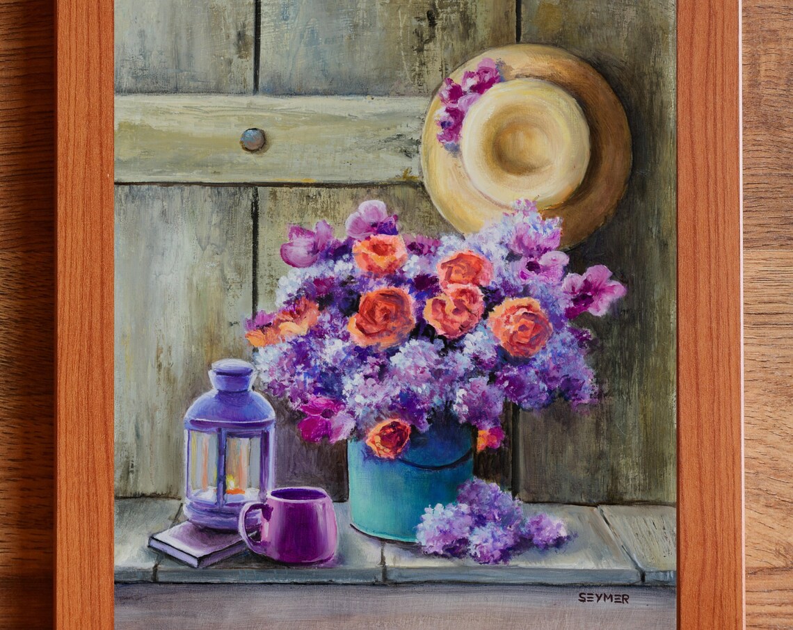Lilac Roses Bouquet Still Life Painting With Hat And Lantern Poster - Image 2