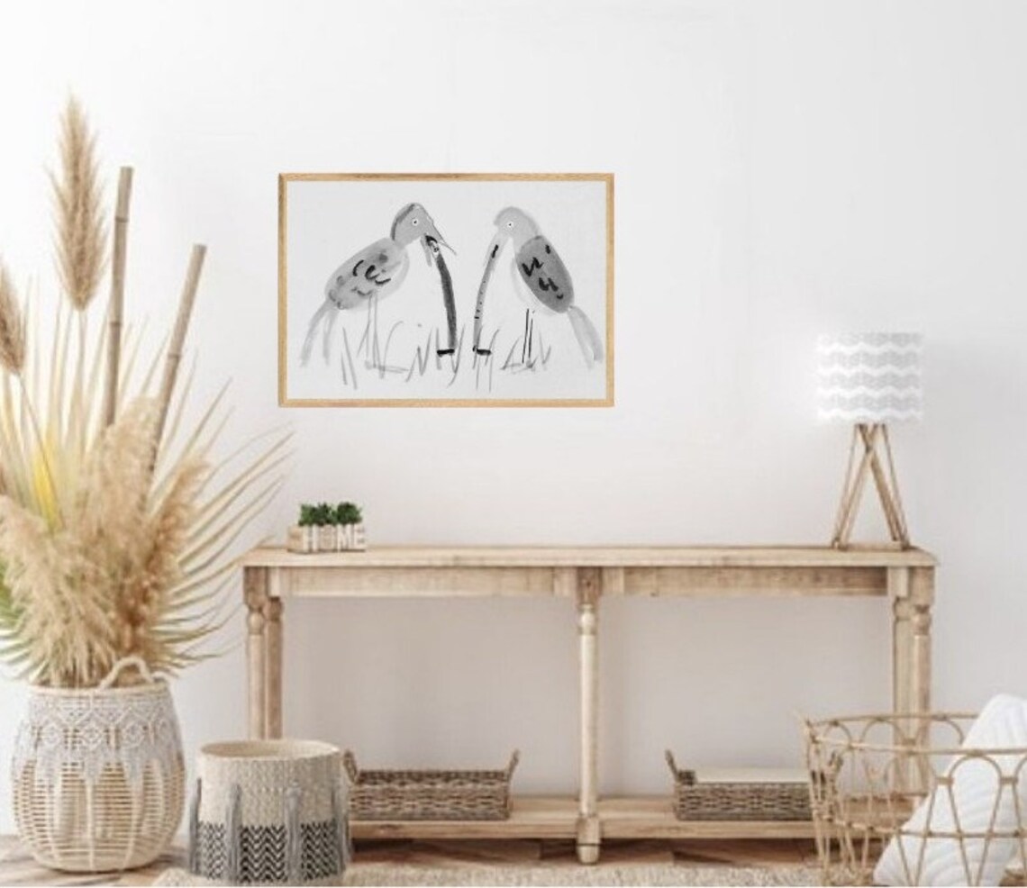 Funny Two Birds Sharing Long Worms Gray Ink Wash Humor Poster - Image 3