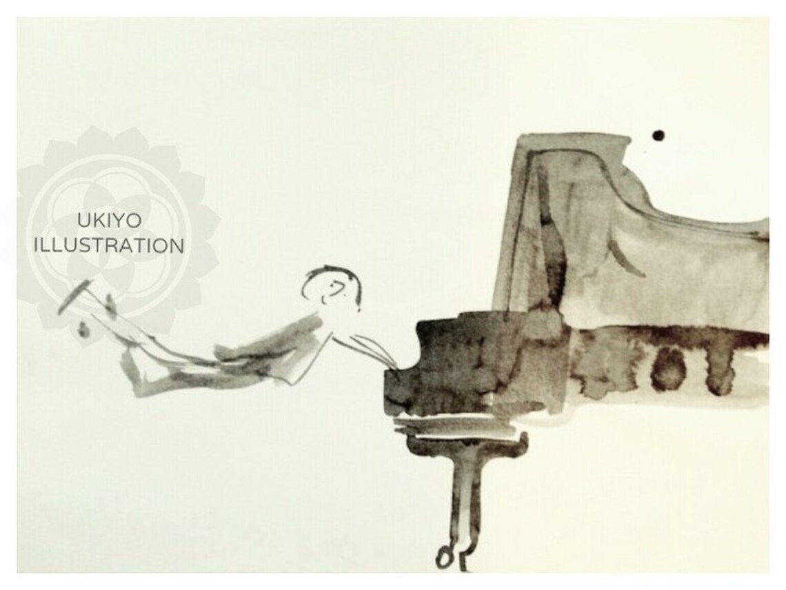 Minimalist Ukiyo Piano Art Print, Black and White - Image 2