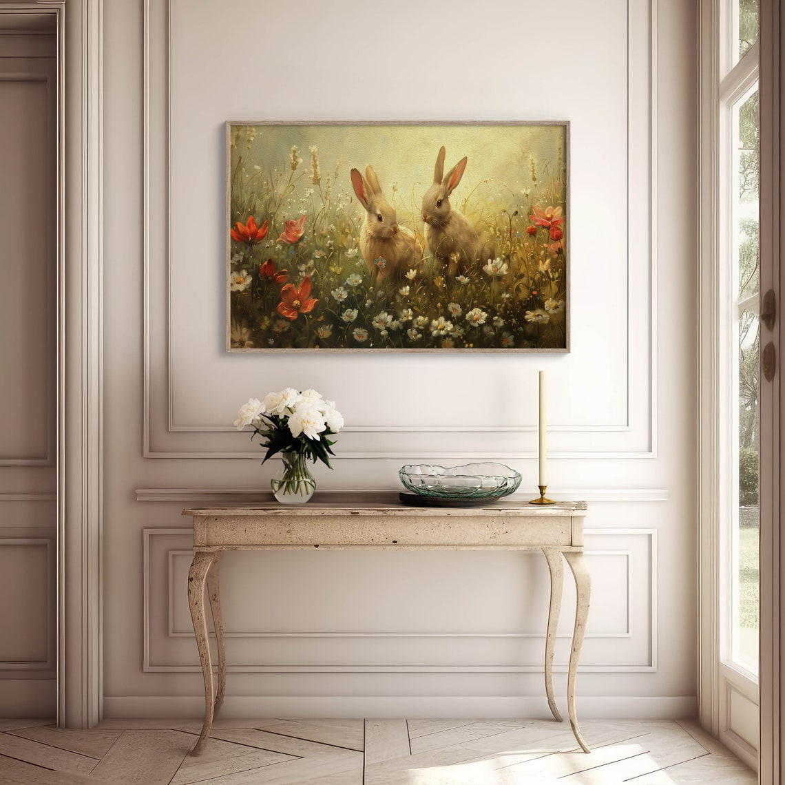 Two Bunnies Spring Wildflower Meadow Vintage Oil Easter Bunny Poster - Image 3