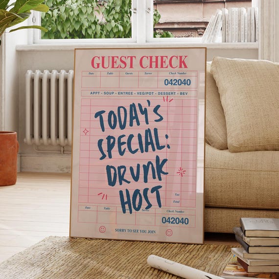 Funny Guest Check Poster Todays Special Drunk Host Wall Art Retro Pink Bar Sign For Kitchen Dorm Or Party Decor