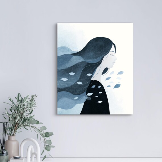 Serene Woman in Wind Blue Watercolor Minimalist Portrait Art Poster