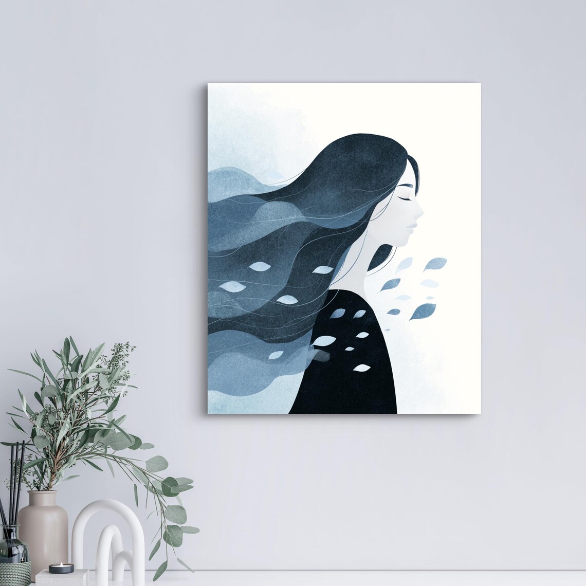 Serene Woman in Wind Blue Watercolor Minimalist Portrait Art Poster