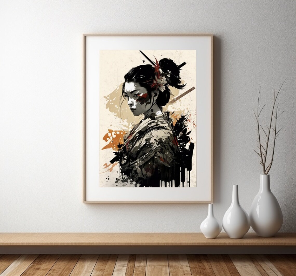 Japanese Warrior Woman Ink Wash Splash Portrait Wall Decor Poster