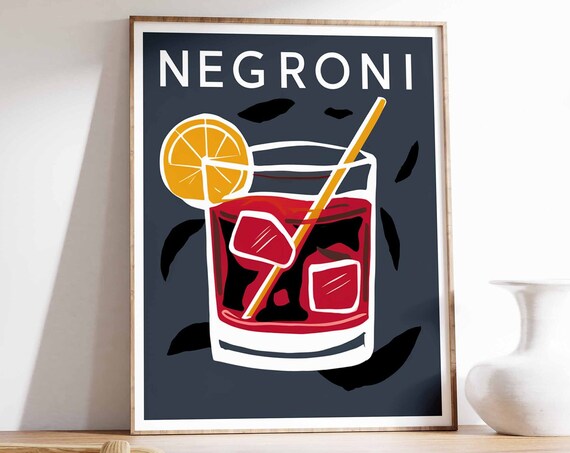 Negroni Cocktail Tall Glass Citrus Navy Modern Bar Decor Wall Art