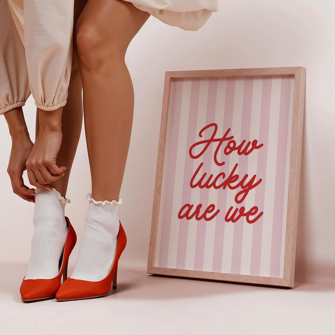 How Lucky Are We Red Script Pink Striped Poster Gratitude Gift