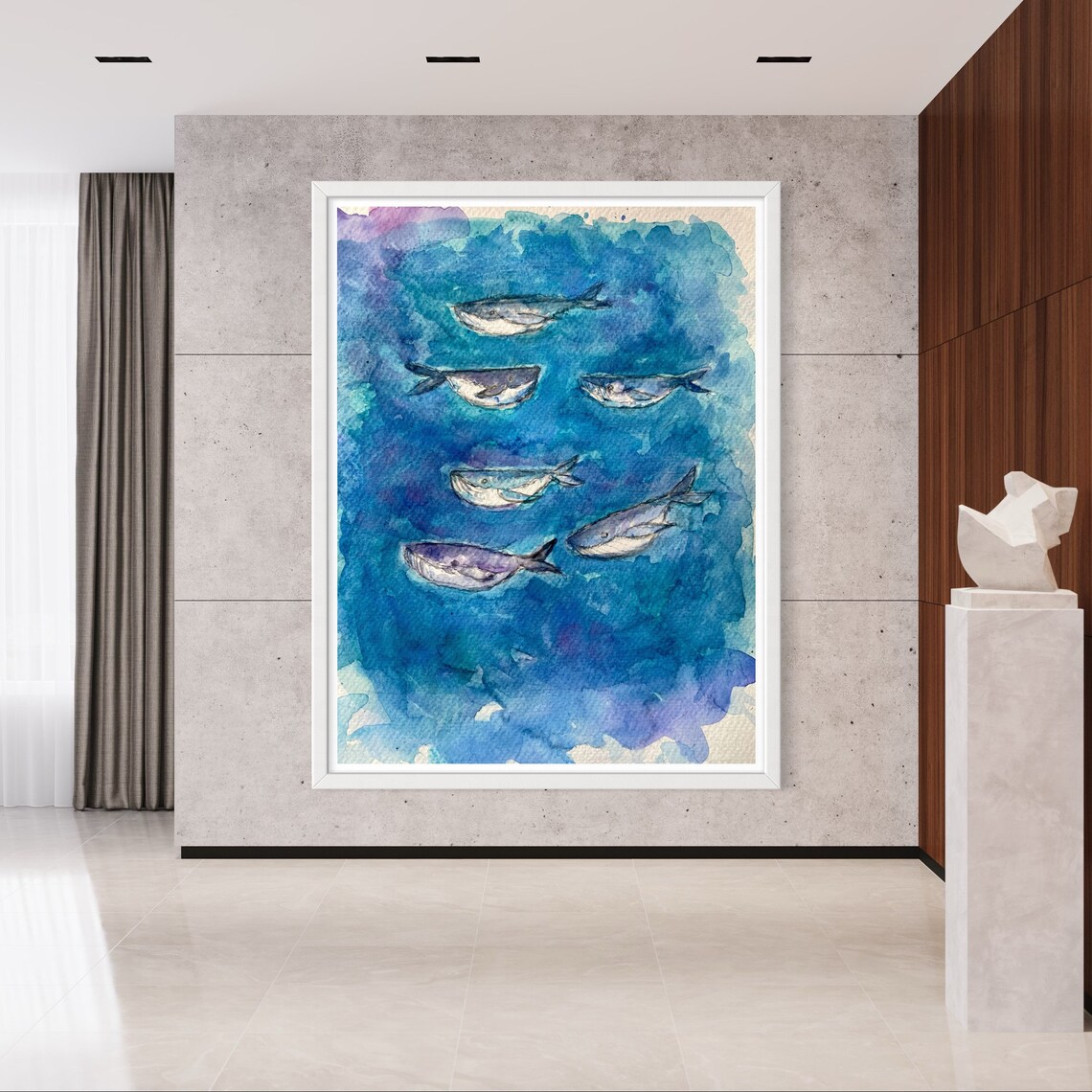 Whale Song Six Whales Watercolor Deep Blue Ocean Scene Art Poster - Image 4