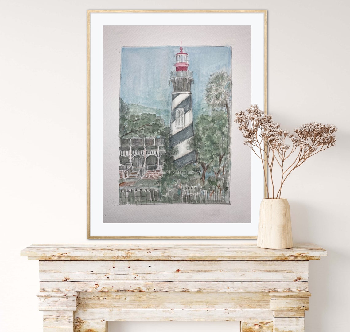 St Augustine Lighthouse Florida Watercolor Coastal Palm Art Poster - Image 2