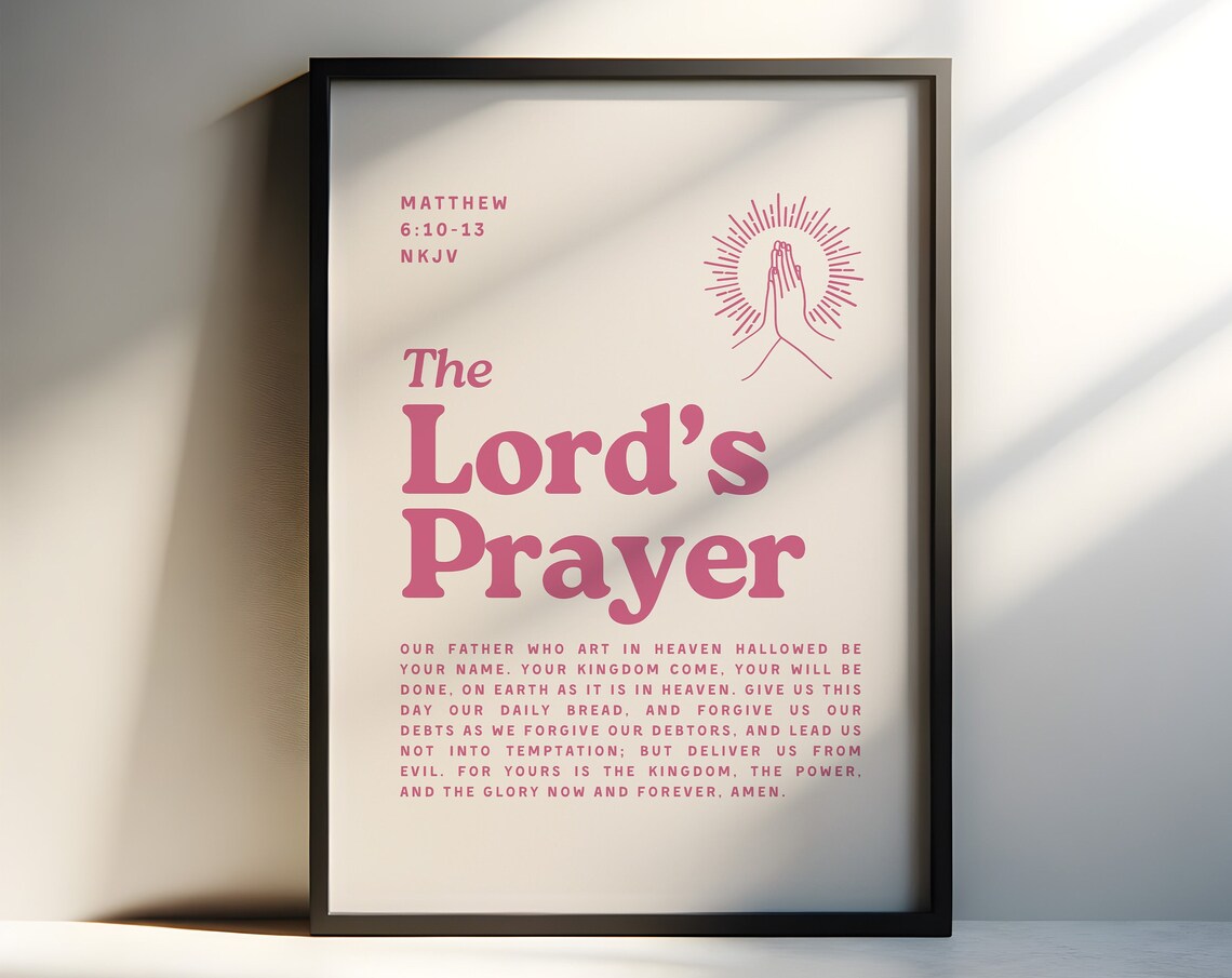 The Lords Prayer Matthew 6 10 13 Pink Retro Praying Hands Christian Wall Poster