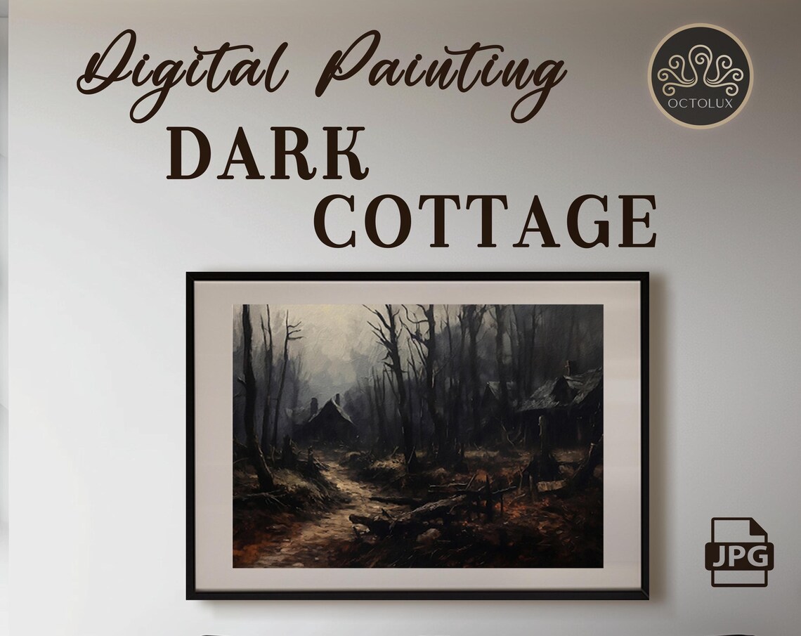 Dark Cottage In Misty Bare Forest Moody Gothic Landscape Wall Art Print