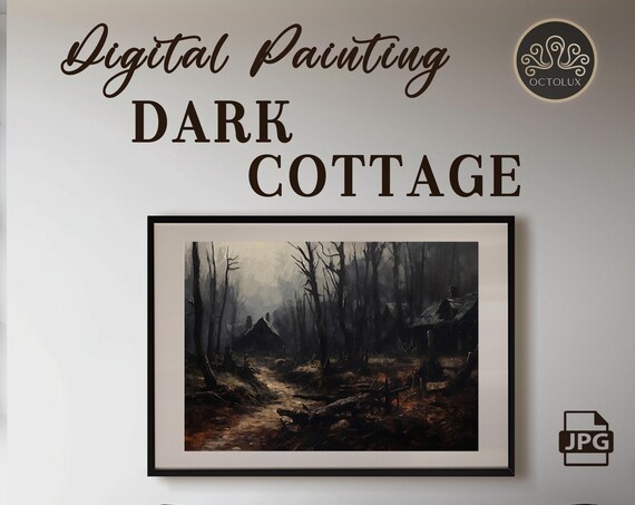 Dark Cottage In Misty Bare Forest Moody Gothic Landscape Wall Art Print