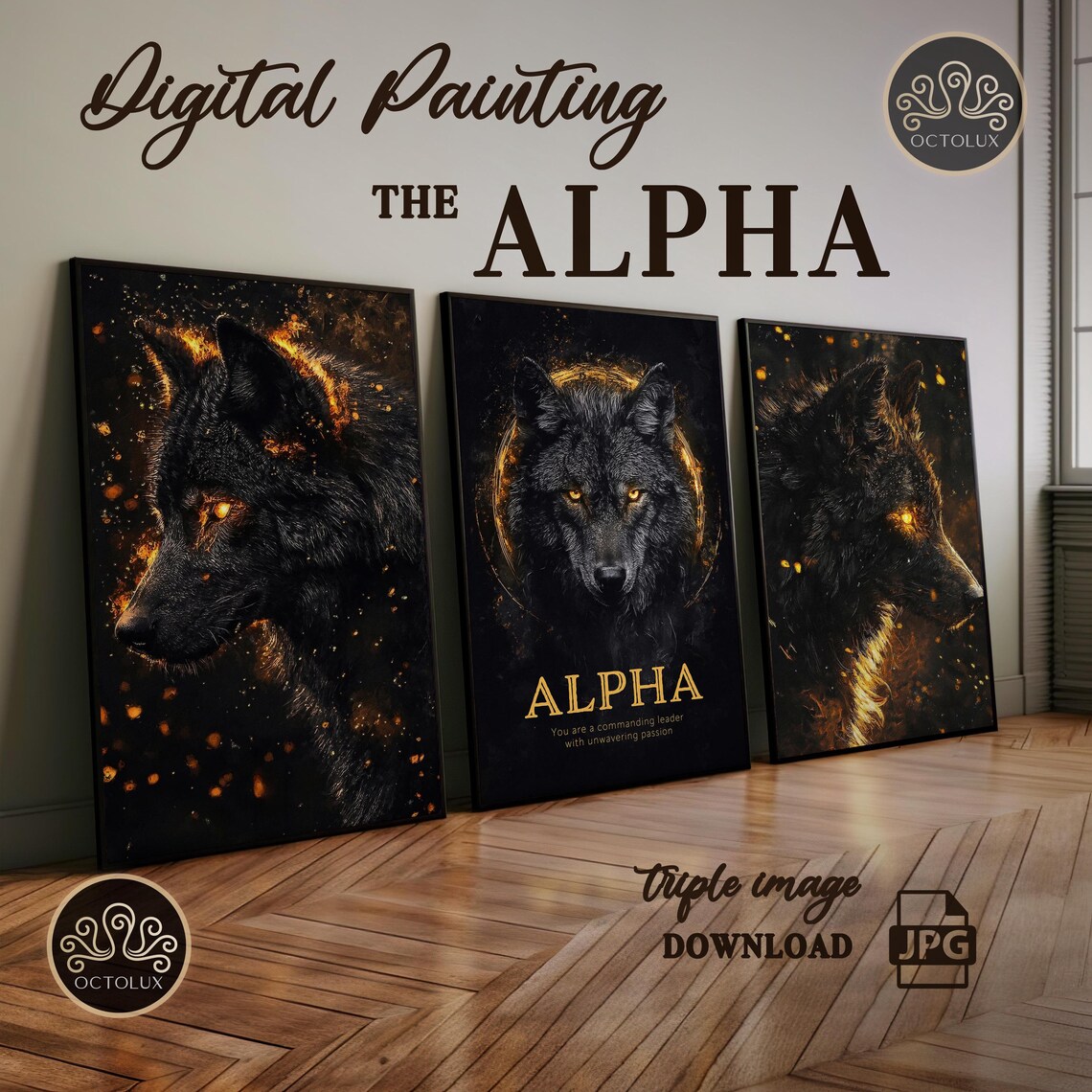 The Alpha Black Wolf Triple Panel Gold Halo Motivational Wall Art Poster
