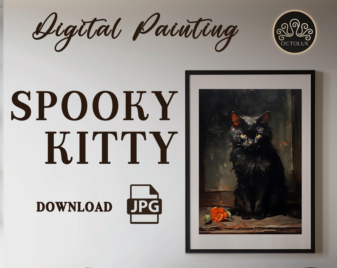 Black Cat Yellow Eyes Moody Oil Painting Dark Spooky Kitty Wall Art