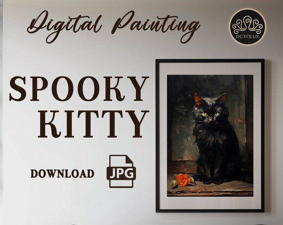 Black Cat Yellow Eyes Moody Oil Painting Dark Spooky Kitty Wall Art