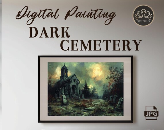 Dark Cemetery Moonlit Chapel Graveyard Spooky Halloween Gothic Wall Art