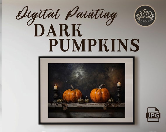 Halloween Pumpkins Altered Moody Painting Rustic Decor Wall Art Dark Academia Print