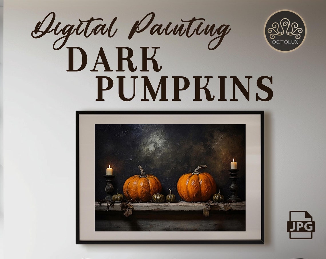 Halloween Pumpkins Altered Moody Painting Rustic Decor Wall Art Dark Academia Print