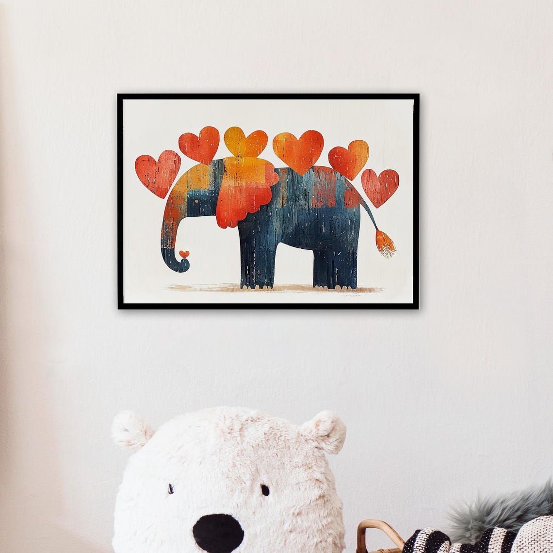 Whimsical Colorful Elephant With Red Hearts Nursery Kids Room Wall Art - Image 3