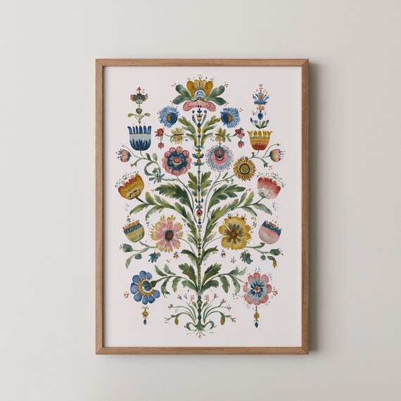 Colorful Scandinavian Folk Floral Watercolor Garden Art Print