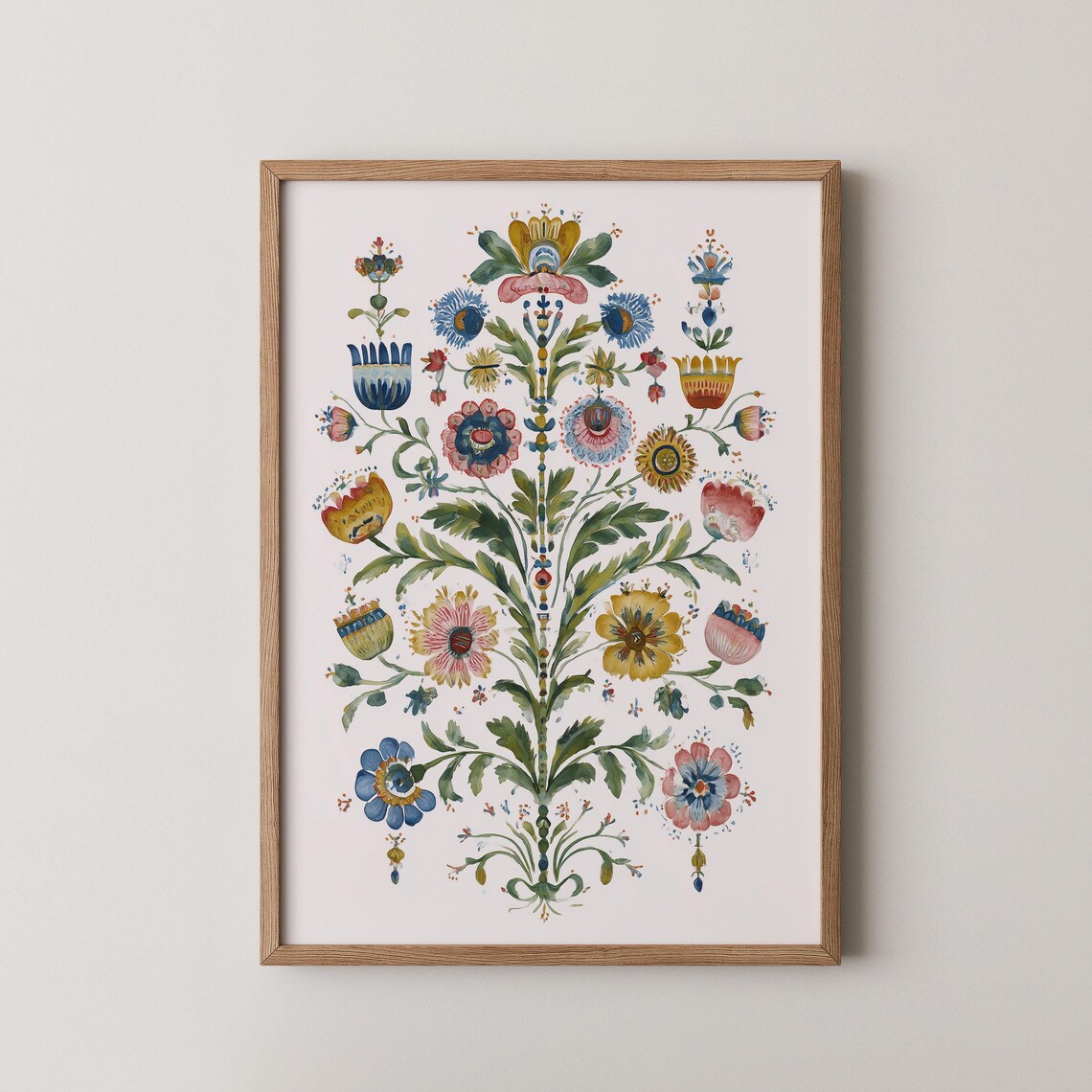 Colorful Scandinavian Folk Floral Watercolor Garden Art Print