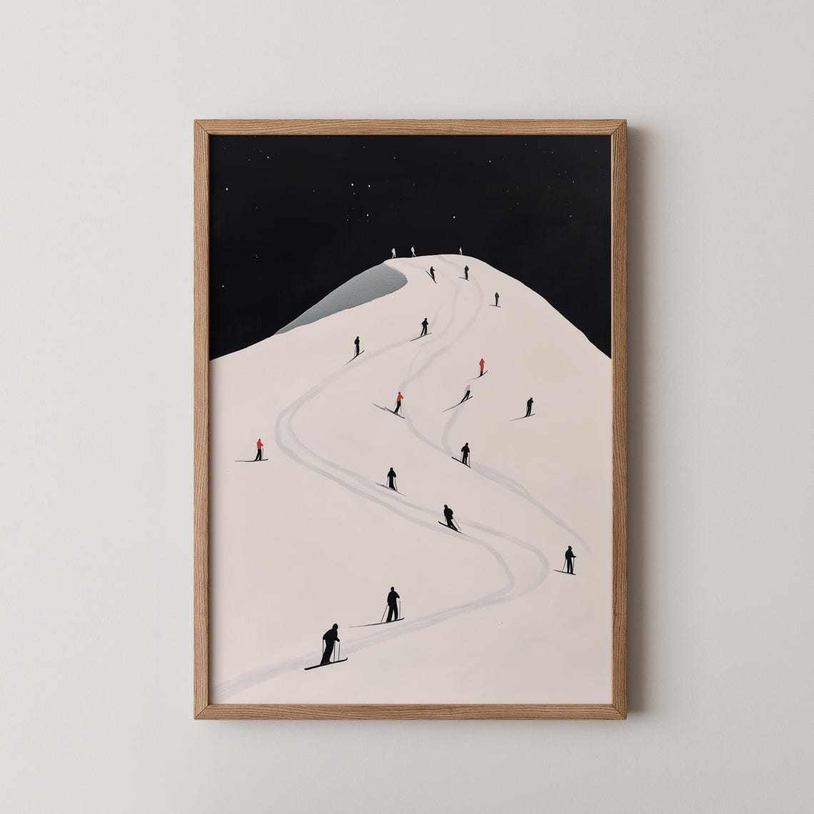 Moonlit Night Ski Slope Tiny Skiers Minimalist Winter Poster