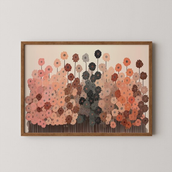 Stylized Gradient Zinnia Wildflower Meadow Pink Brown Black Print