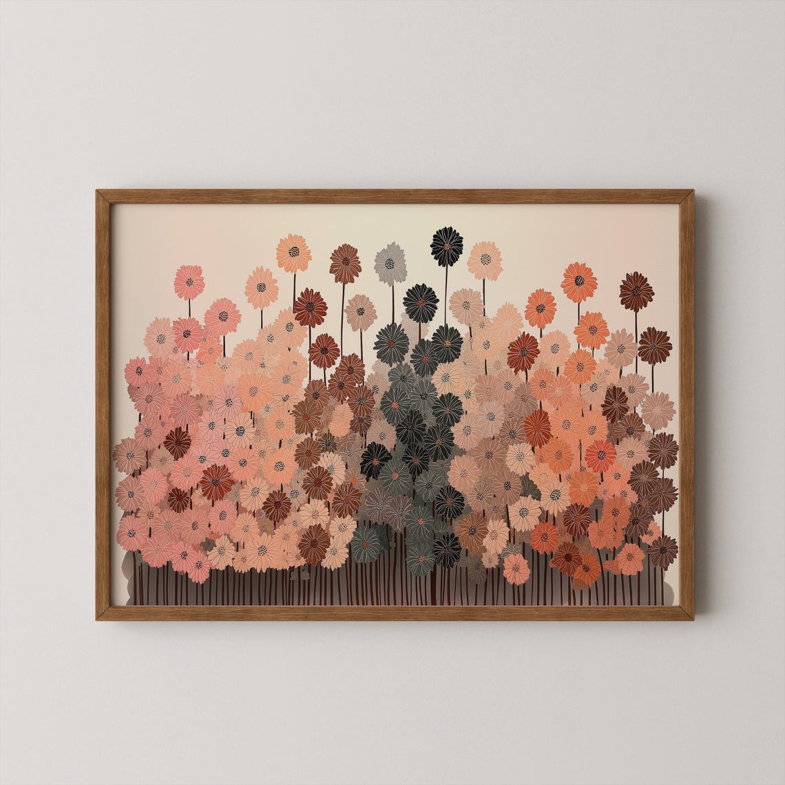 Stylized Gradient Zinnia Wildflower Meadow Pink Brown Black Print