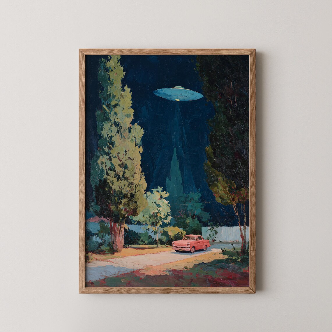 UFO Night Sky Red Car Suburban Street Mid Century Modern Art Poster