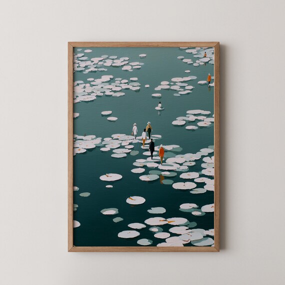 Surreal Lily Pad Lake Tiny People Floating Leaves Whimsical Art Poster