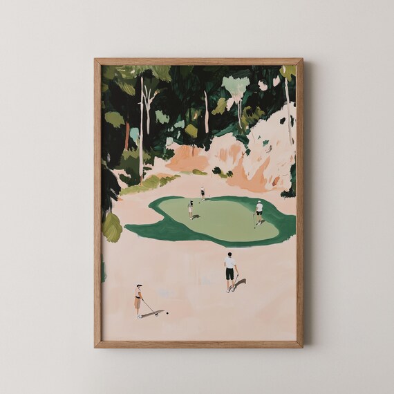 Golfers Tiny People Art Poster Sandy Course Green Abstract Painting