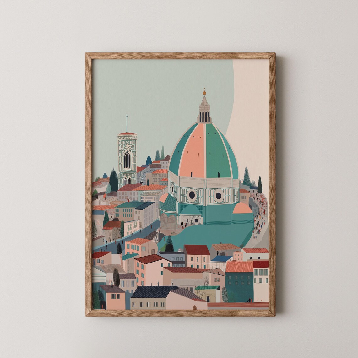Florence Italy Retro Hand Drawn Duomo Cathedral Cityscape Poster