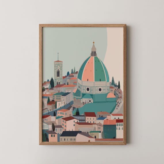 Florence Italy Travel Poster Retro Print Trendy Landmark Wall Art Hand Drawn Cityscape