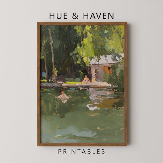 Tiny People Swimming Print Sage Green Lake Art