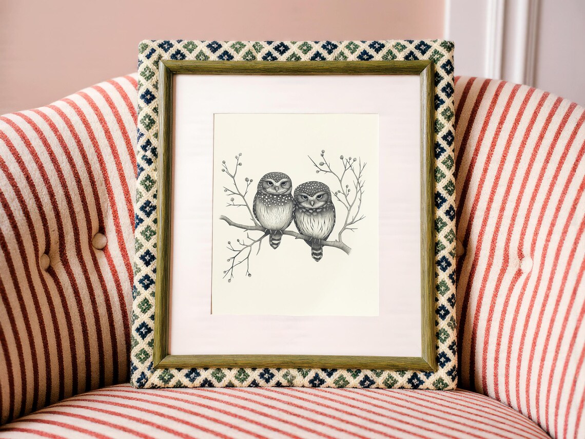 Two Owls On Branch Pencil Sketch Bird Illustration Animal Art Print