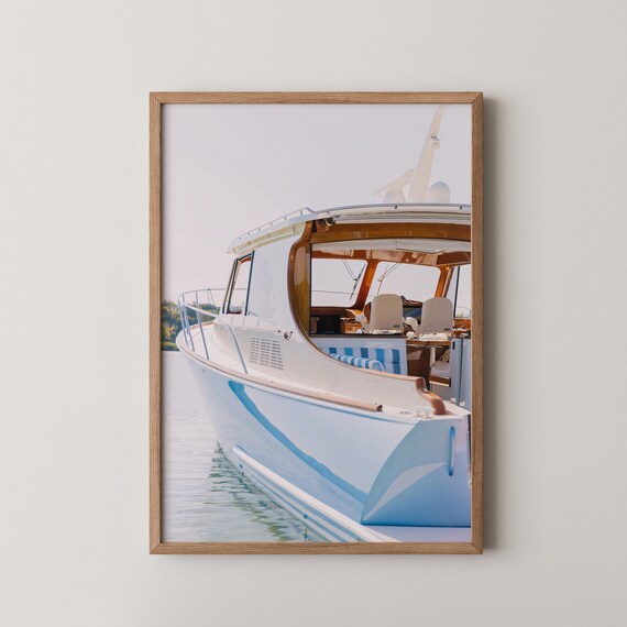 Luxury Motor Yacht Stern on Calm Water Minimal Coastal Poster