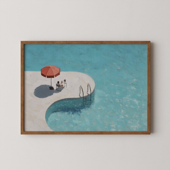 Aerial Swimming Pool Red Umbrella Minimalist Summer Resort Art Poster